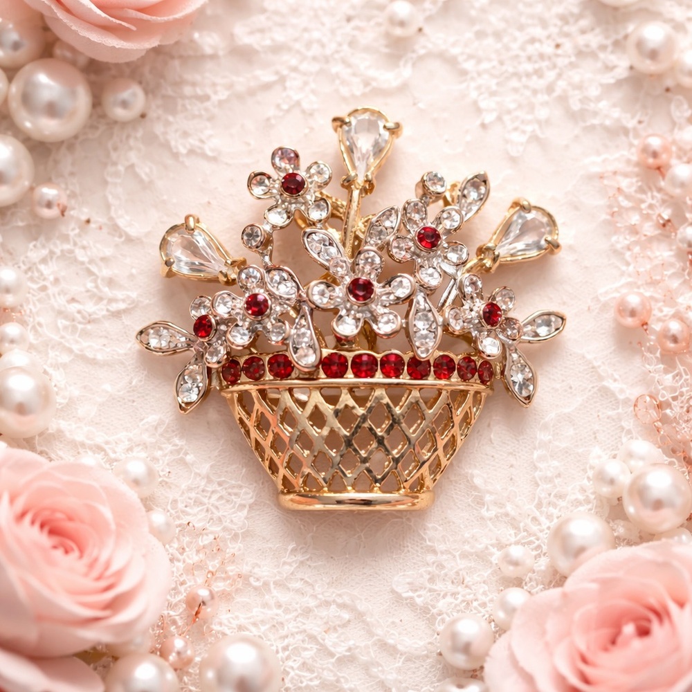 Large Flower Pot Glass Rhinestone Brooch Pin